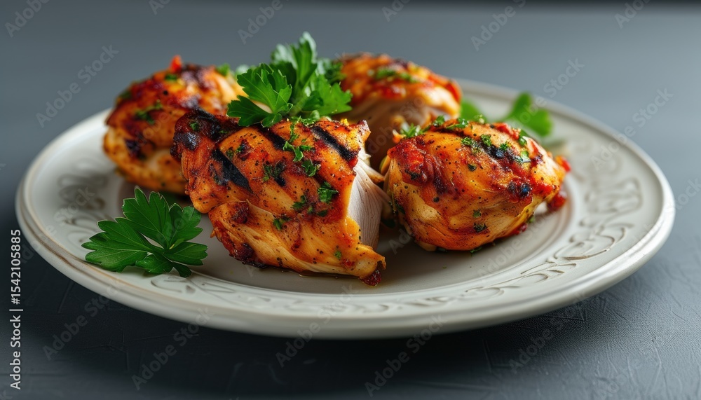 Grilled chicken slices on a plate for fitness meal prep and healthy eating plan Grilled chicken slices on a plate for fitness meal prep and healthy eating plan