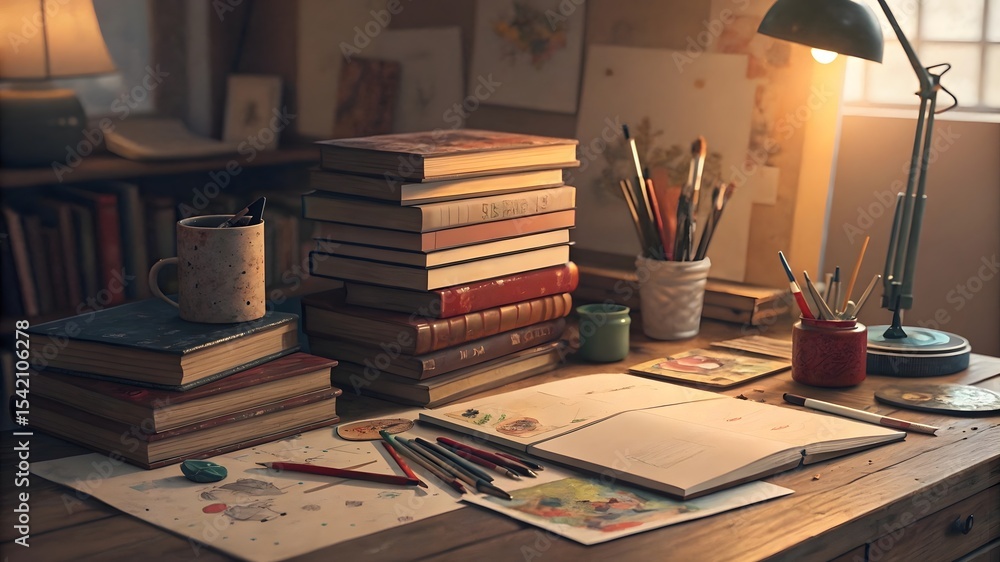 Warmly Lit Desk Artistic Chaos Stacked Books Sketchbook Warmly Lit Desk Artistic Chaos Stacked Books Sketchbook
