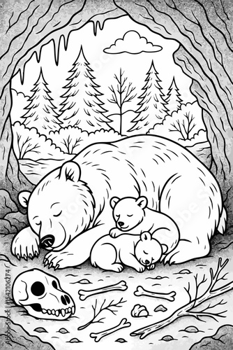 Sleeping bear family in cave forest scene line art