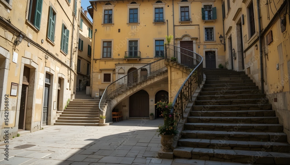 Fototapeta premium A European City Courtyard with Weathered Stairs and Old Yellow Buildings