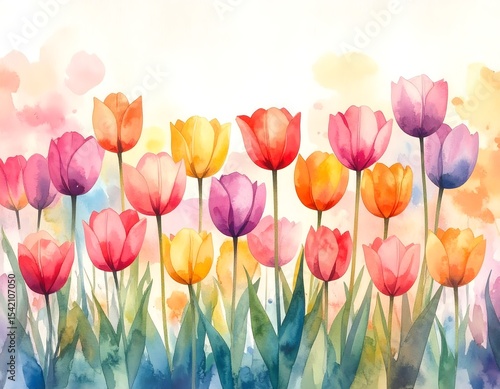 Whimsical watercolor study featuring a field of colorful tulips in a playful painting style