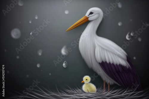 Stork and chick in nest, rainy day