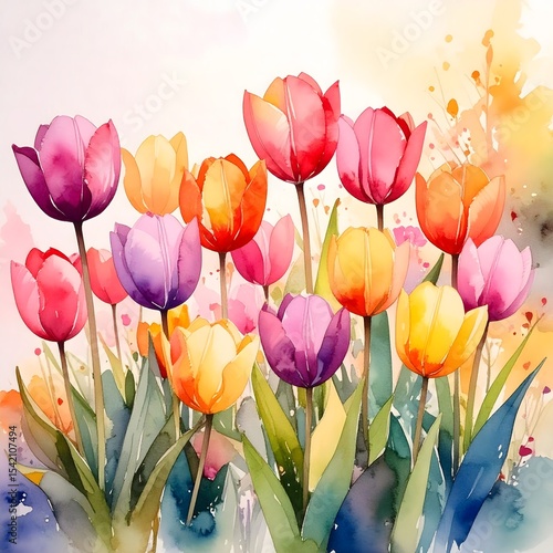Whimsical watercolor study of a colorful garden full of vibrant tulips in playful style