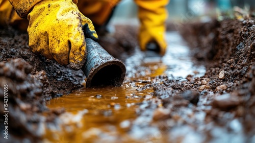 Environmental Cleanup:  Worker in Yellow Gloves Examining Contaminated Soil and Water