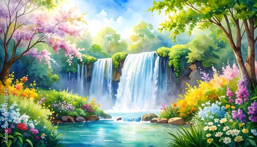 Whimsical watercolor study of a majestic waterfall flowing through a lush forest landscape