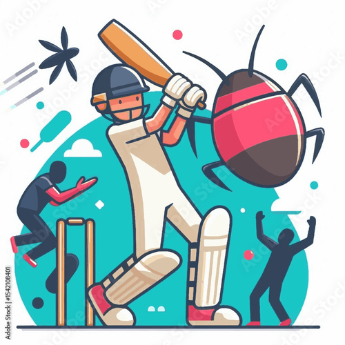 Cartoon cricketer hits a large insect with a bat wicket keeper and fielder shown