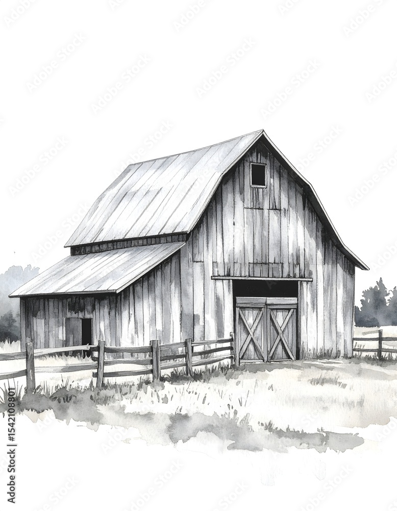 Obraz premium Delightful watercolor depiction of rustic barn framed by a charming wooden fence