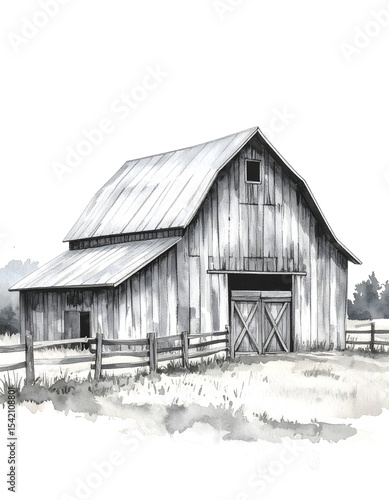 Delightful watercolor depiction of rustic barn framed by a charming wooden fence