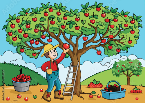Cartoon illustration of children, a man, and a woman happily picking apples from a tree in a summer garden