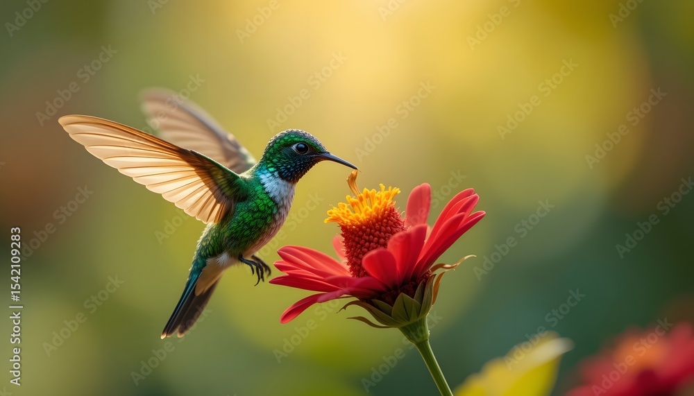 Fototapeta premium Green Hummingbird Feeding from Red Flower in Midair with Sunlit Wings and Soft Nature Background