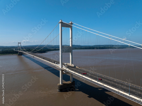 The old M48 Severn bridge from England to Wales.  Medium aerial shot