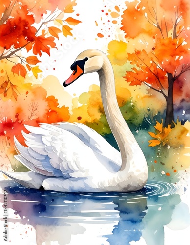 Whimsical watercolor study of a graceful swan resting in a calm pond surrounded by nature's beauty
