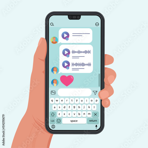 Messenger chat with avatars messages and reactions on the phone. Hand holding a phone with messenger chat interfac. Vector illustration in flat style