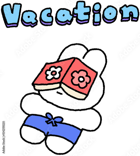 Wallpaper Mural Vacation 텍스트와 책 덮고 낮잠 자는 토끼 캐릭터 여름 일러스트 Torontodigital.ca