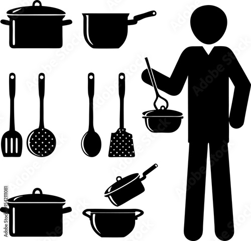 silhouette man with saucepan scoop ladle kitchen u (1).eps
