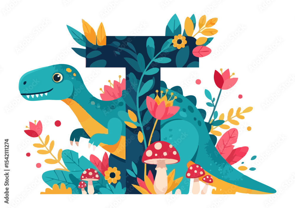 Fototapeta premium Colorful dinosaur and letter T design with flowers and mushrooms on transparent background copy space