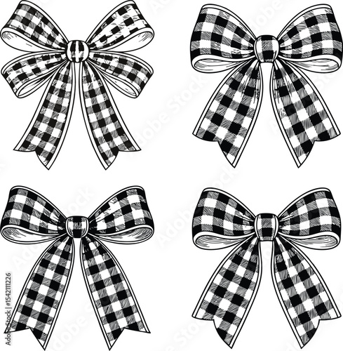 Four Black and White Buffalo Check Bows Clipart Gingham Pattern