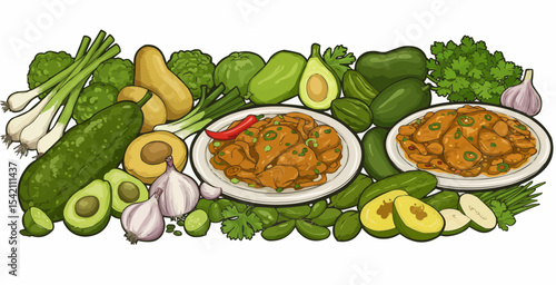 Delicious culinary spread featuring vibrant vegetables and mouthwatering dishes from a local market