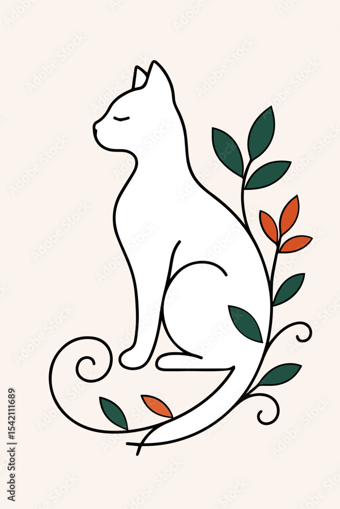 Naklejka premium Minimalist cat line art with floral elements on beige background