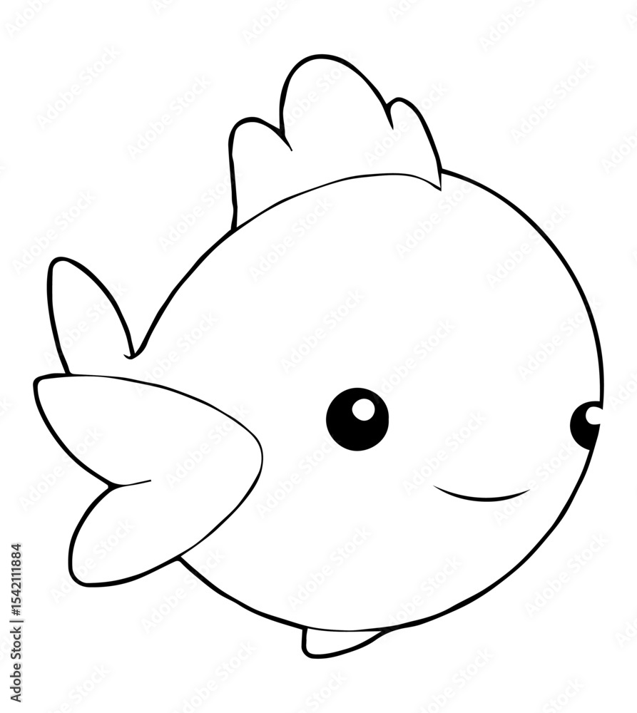 Cartoon fish with large eyes round body and simple smile black outline on white Cartoon fish with large eyes round body and simple smile black outline on white