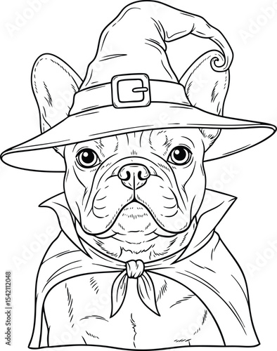 French Bulldog Puppy Halloween Witch Costume Line Art