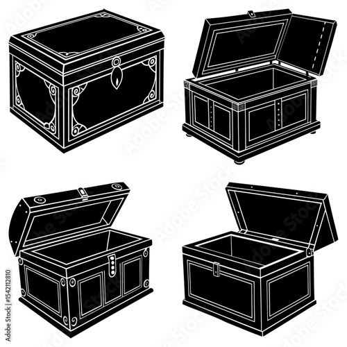 Four black and white illustrations of ornate chests in different perspectives and open positions