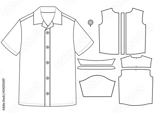 Short sleeved men sleeves formal resort shirt flat technical drawing vector illustration mockup template design	