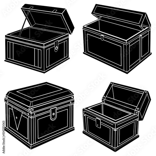 Four black and white illustrations of wooden treasure chests in various open and closed positions on white