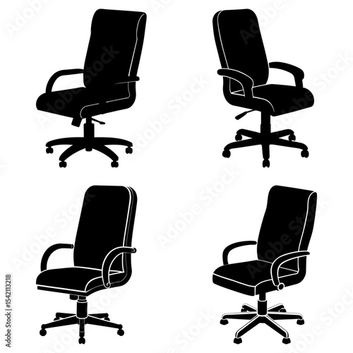 Four black office chairs with armrests and swivel bases arranged in a square pattern on white background