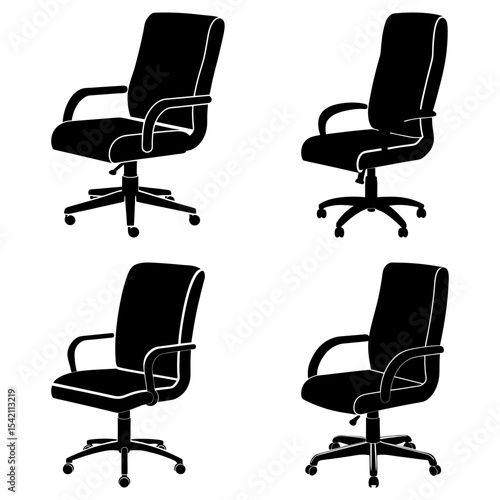 Four black office chairs with armrests and rolling bases arranged on a white background in a grid formation