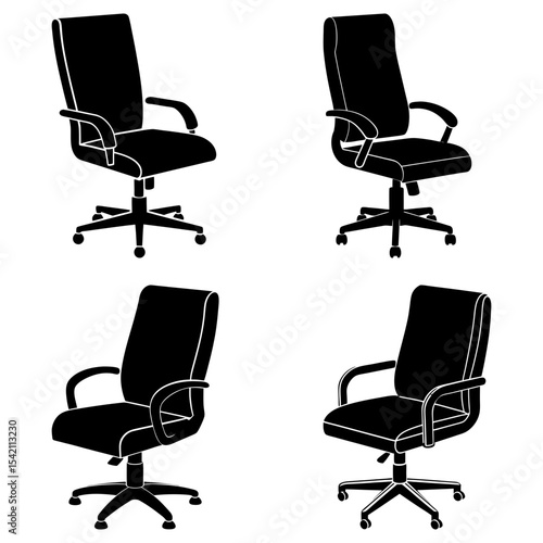 Four black office chairs with armrests and wheels on a white background in a simple illustration