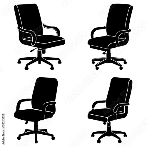 Four black office chairs with armrests and rolling bases in a symmetrical arrangement on a white background