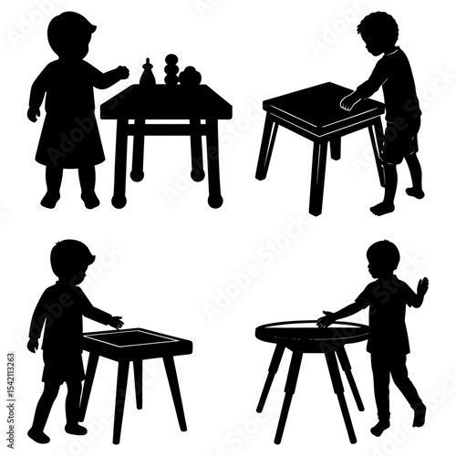 Silhouette illustration of children playing with tables and toys in various poses and arrangements