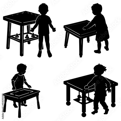 Silhouettes of children interacting with various activity tables in a playroom setting illustration
