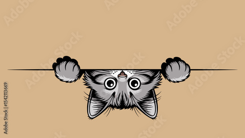 Curious cartoon cat hanging upside down on beige vector background with copy space