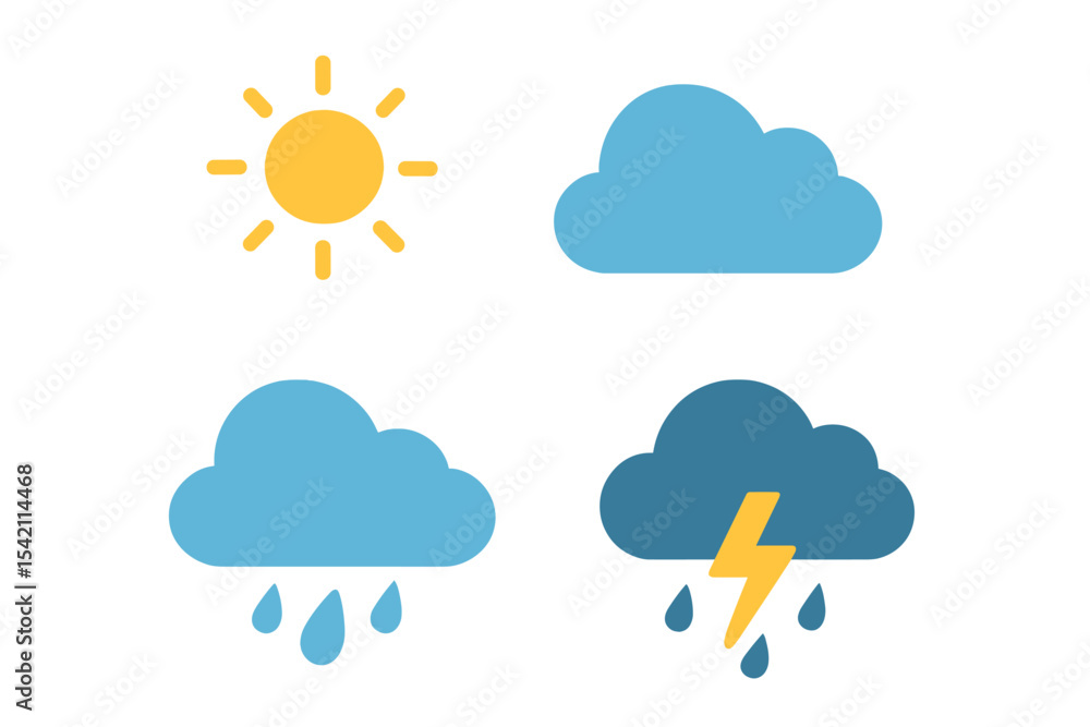 Different weather conditions depicted with sun, clouds, rain, and lightning on a simple background Different weather conditions depicted with sun, clouds, rain, and lightning on a simple background
