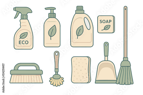 Cleaning supplies arranged neatly on a flat surface with eco-friendly labels during a bright afternoon at home