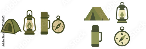 Camping gear and equipment including tents, lanterns, and compasses designed in a minimalist style for outdoor adventures