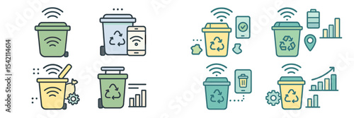 Smart waste management concept with connected bins and recycling technology shown in a digital illustration