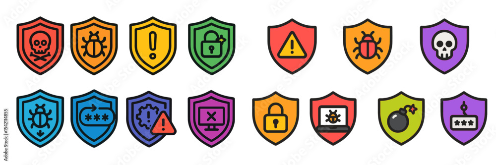 Colorful symbols of cybersecurity protection and threats displayed on shields to illustrate digital safety concepts Colorful symbols of cybersecurity protection and threats displayed on shields to illustrate digital safety concepts