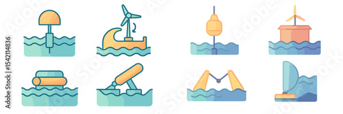 Colorful vector icons representing various marine activities and equipment in a serene aquatic environment