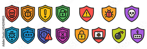 Colorful symbols of cybersecurity protection and threats displayed on shields to illustrate digital safety concepts