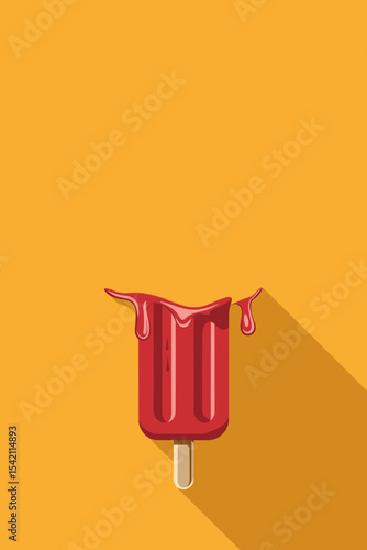 Half melting red popsicle on bright yellow background, summer vibe in vector design with copy space