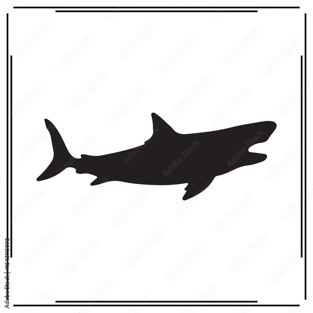 Obraz premium Aggressive Shark Silhouette Vector – Black Predator Fish Icon with Open Mouth on White Background for Ocean Wildlife Graphics, Marine Life Art, Sea Creature Symbols, and Nautical Designs