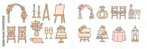 Decorative elements for a wedding celebration showcasing floral arrangements and elegant setups for various activities