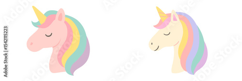 Colorful unicorn heads with playful expressions and vibrant manes showcased in a light background
