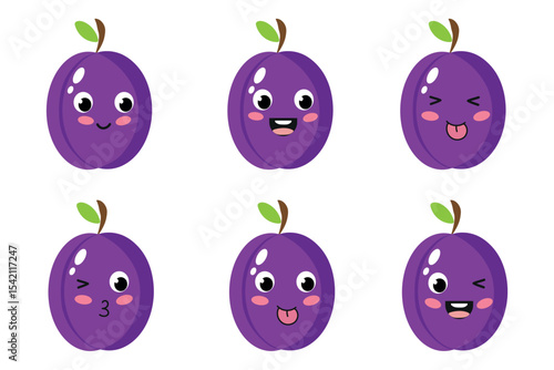 Set of playful cartoon plums with different funny emotions in bright colorful design. Funny smiley in flat style with kawaii eyes on white background.
