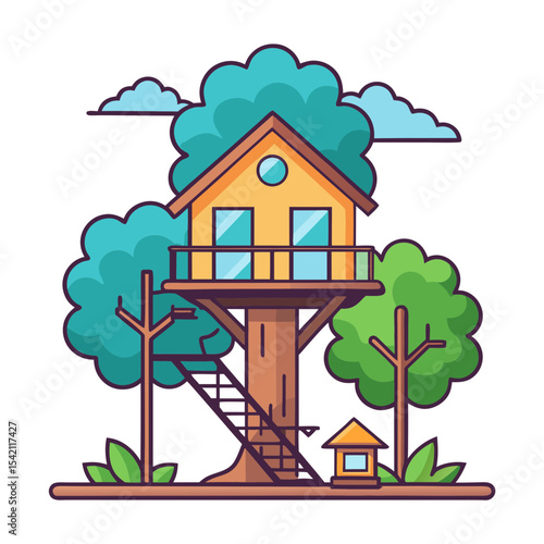 Adorable cartoon treehouse illustration on a transparent background with puffy clouds