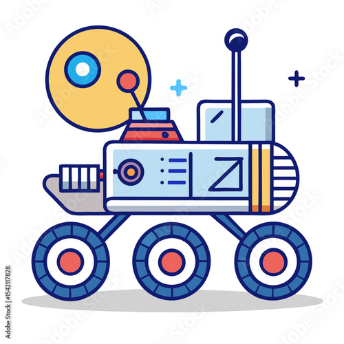 Cartoon Illustration of a Futuristic Lunar Rover Exploring an Alien Planet