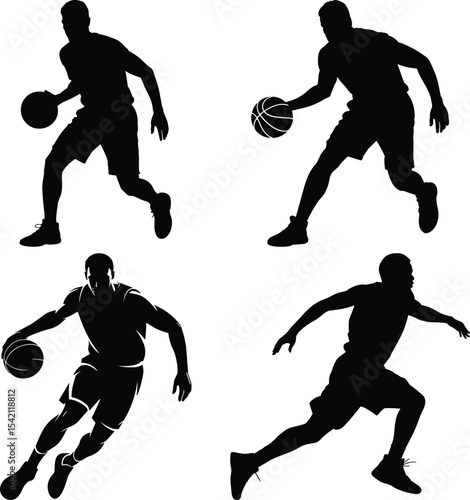 Dynamic Basketball Player Silhouette in Action Pose. Basketball Black Vector Illustration isolated on White Background.